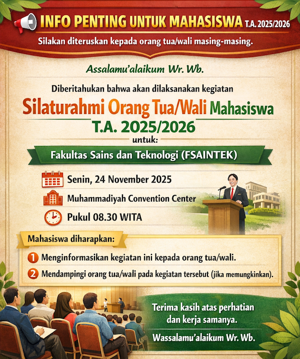 Pengumuman Silaturahmi Orang Tua/Wali Mahasiswa T.A. 2025/2026 FSAINTEK UMPalopo